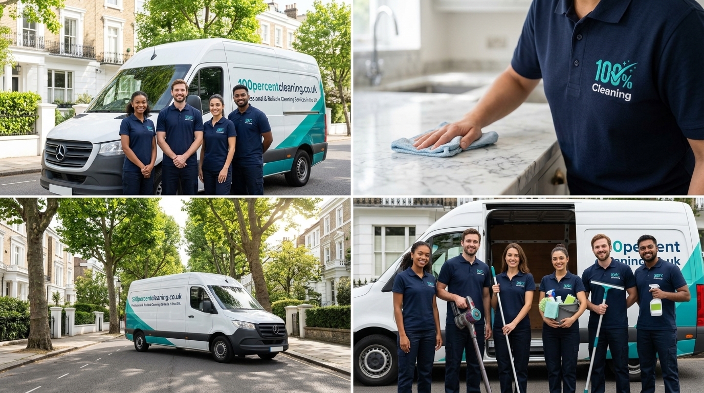 100percent Cleaning Co. team, branded van and professional domestic cleaning service across London