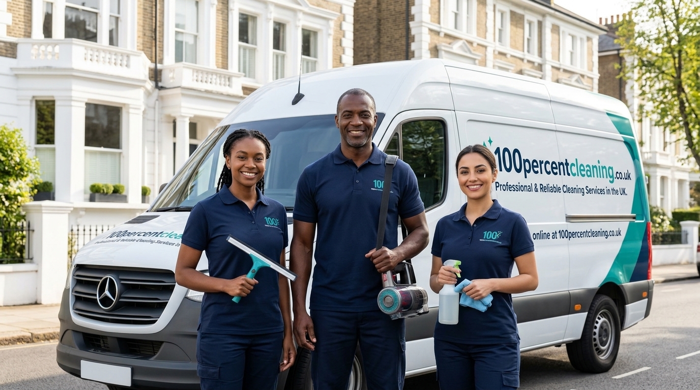 Uniformed 100percent Cleaning Co. cleaners standing beside their branded van in South West London