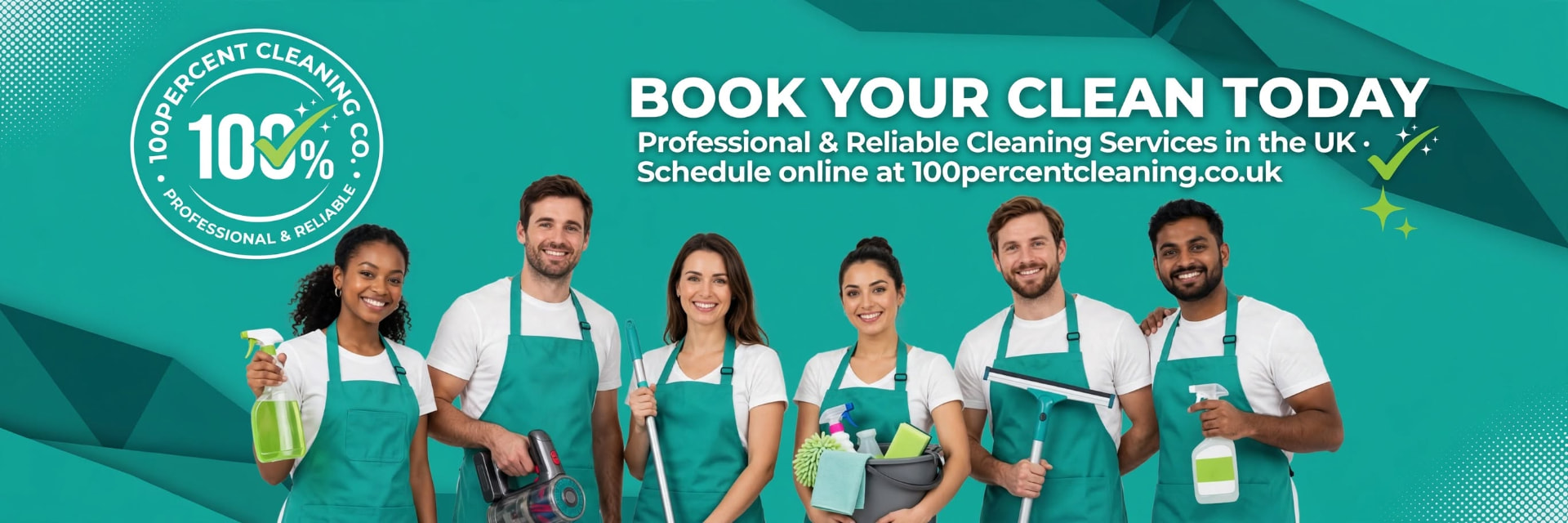 The 100percent Cleaning Co. team in teal aprons ready to clean homes and offices across London