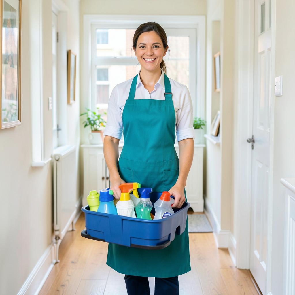 Smiling 100percent Cleaning Co. cleaner in a teal apron carrying supplies through a bright London home