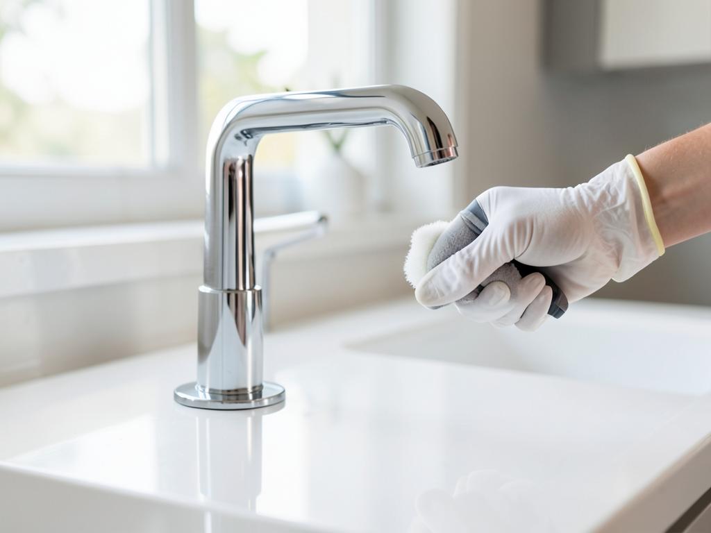 Gloved hand polishing a gleaming chrome kitchen tap during a deep clean