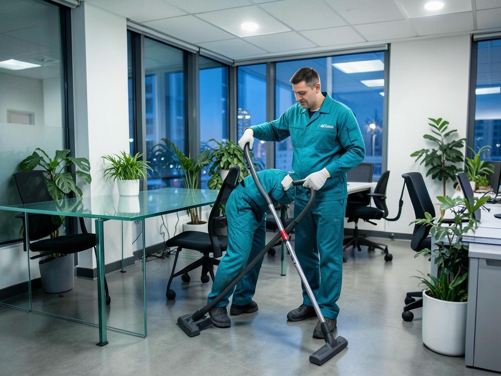 Uniformed cleaner vacuuming a modern office after hours