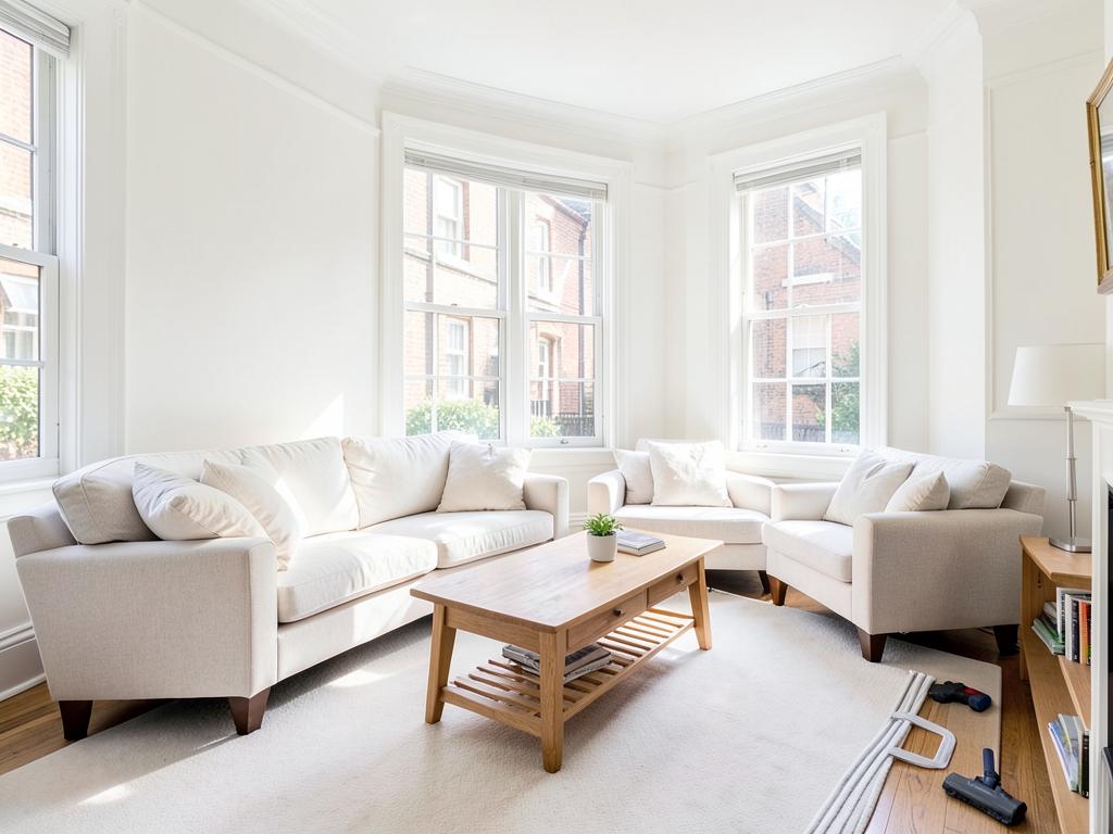 Bright, freshly cleaned living room in a South West London Victorian flat